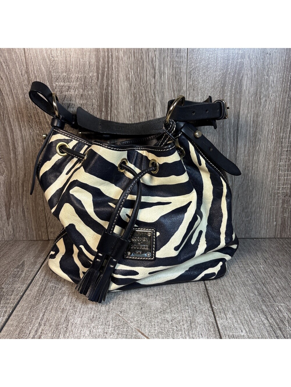 Dooney & Bourke Zebra Print Leather Drawstring Bucket Shoulder Bag Black White